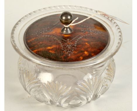 A cut glass large powder bowl its silver and pique lid with silver ball finial, London 1921.