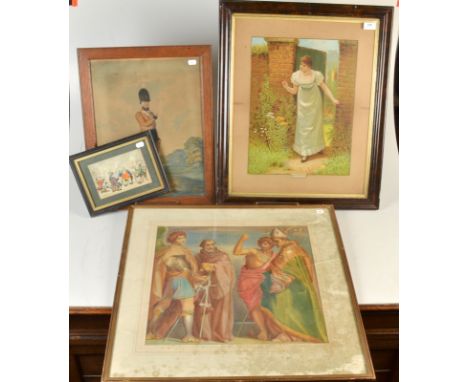 A Victorian chromolithograph of a girl at a garden gate 'Won't You Come In?', together with three other coloured prints and a