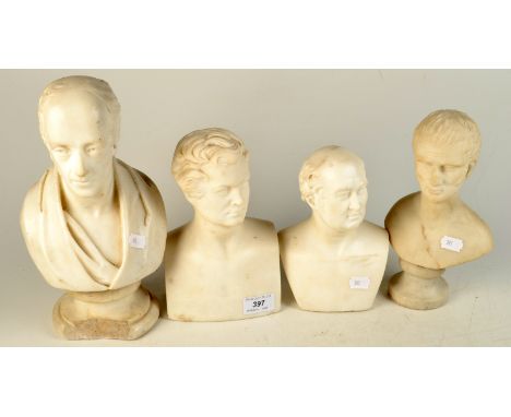 Four Carrara statuary marble small portrait male busts, maximum height 22.5cm excluding socle.  Condition Report: From left o