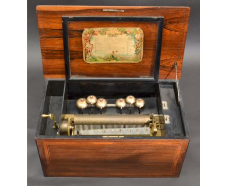 A good late 19th century Swiss 33.2cm cylinder music box playing Twelve Airs and with six bells in sight, the chromolithograp