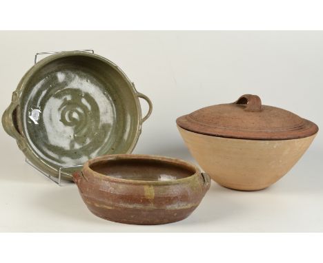 A studio pottery celedon glazed stoneware twin handled bowl, another by Trevor Corser and a large Leach standard ware bowl wi