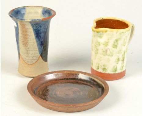 An Andrew Marshall jug, height 11cm, together with a Leach Pottery dish and a studio pottery vase. 