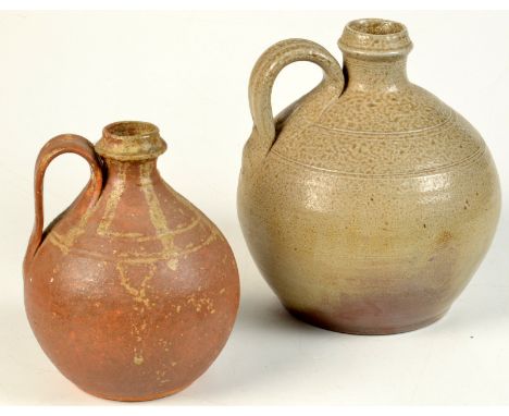 A Vernon Owens (Jugtown Pottery, North Carolina) salt-glaze, jar with angular neck and plain handle, height: 19cm. Impressed 