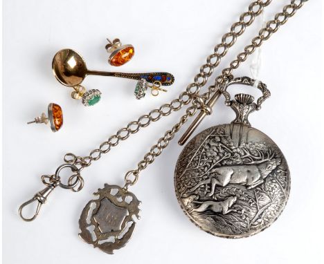 A silver watch chain, two pairs of earrings, a Russian enamelled salt spoon and a post War full hunter pocket watch by Bentim