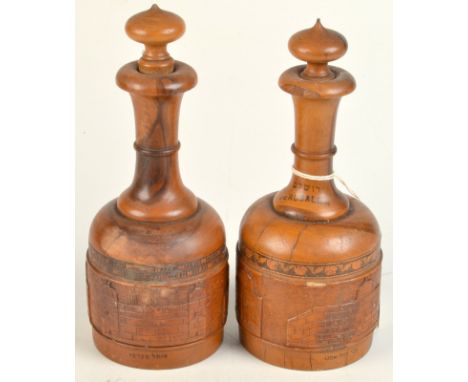 Two Jerusalem souvenir olive wood bottles and stoppers each carved with architectural scenes and with bands of geometric inla