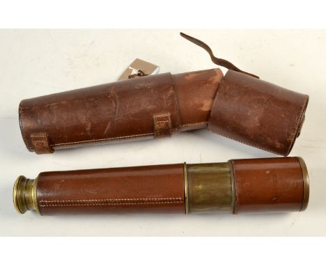 A brass brown leather clad 4.5cm three draw Ex W.D. Scout Regiment MkIIs telescope by Broadhurst Clarkson & Co. with leather 