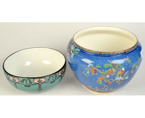 A Frederick Rhead jardiniere with powder blue ground in Sellah pattern together with an Elers Ware bowl.