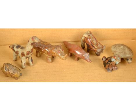 Seven Leach stoneware models of animals.  Note: Made at Leach Pottery but no marks/seals that we can see. rhino ear damage, t