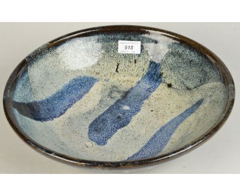 A large Trevor Corser Leach Pottery bowl, stoneware with white and blue glaze to the interior, diameter 33cm.   Condition rep