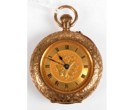 A 9ct. gold cased keyless fob watch with chased gold open face.  Condition report:
Balance wheel turns, winds ok.