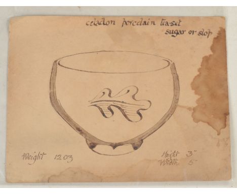 A Bernard Leach ink and wash drawing of a celadon oak leaf sugar or slop bowl from the standard ware range. The drawing is on