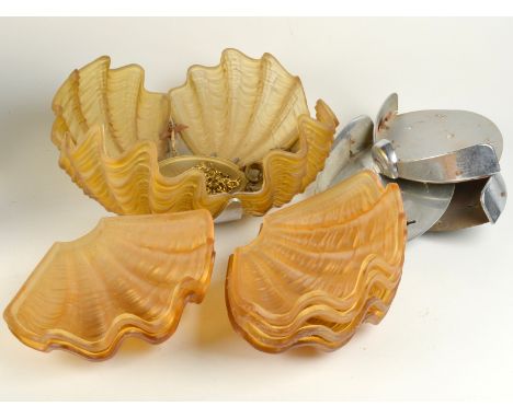 A 1930`s pendant chrome and yellow glass clam shell shade light fitting, together with a set of four matching wall light fitt