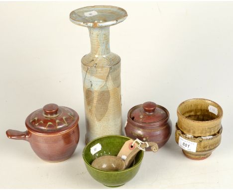 A Mike Dodd ash glazed yunomi, height 10cm and five other items. 