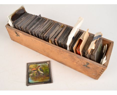 A box of magic lantern slides and glass negatives, including a Tyler's topical slide of a suffragette under arrest.