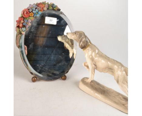 An oval floral barbola mounted easel mirror. Height 28cm. Together with a Katzhouse ceramic dog.  