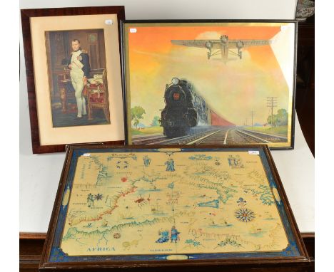 A watercolour 'View To A Mountain' signed Wetheritt, together with a framed ceramic map of the Mediterranean and two prints. 