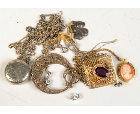 Silver chains, a silver and amethyst pendant etc. 