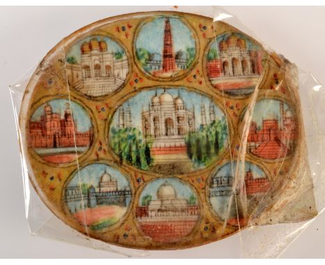 An Indian oval miniature at the centre the Taj Mahal surrounded by eight further architectural views, 3 x 2.5cm. 