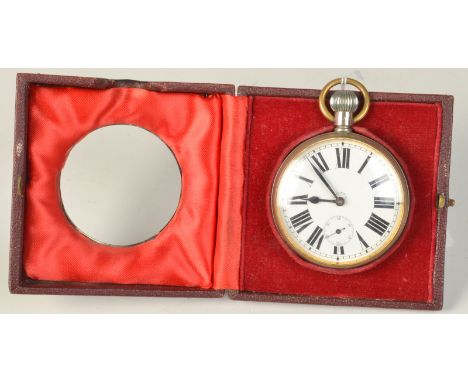 An eight day nickel cased timepiece in engine turned silver mounted travelling case.