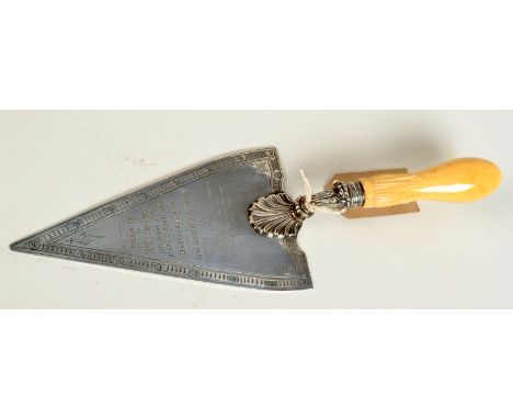 A Dartford Union Chapel Foundation trowel, October 13th 1877, with engraved border, shell cast thumb piece and ivory handle.
