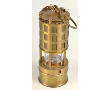 An American brass Koehler flame safety lamp, height, excluding suspension hook, 24.5cm.