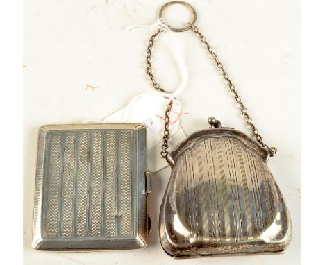 An engine turned silver cigarette case, and a silver plated purse.