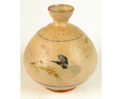 An early Bernard Leach bottle vase with everted rim, a band of stylized cobalt floral brushwork around the centre, impressed 