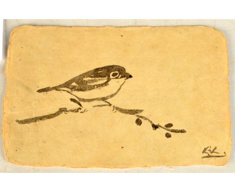 A Bernard Leach home-made postcard on Japanese paper. Watercolour painted with a bird on a branch, initialled BL and addresse