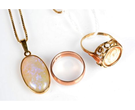 A 14ct gold box link chain and an opal pendant together with a 14ct gold ring and a 9ct gold band. 