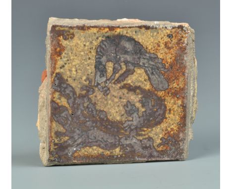 A Bernard Leach bird's nest tile, 10 x 10cm.