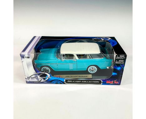 A factory sealed, replica die cast model Chevrolet in a blue and white exterior. With moveable parts. This item has its origi