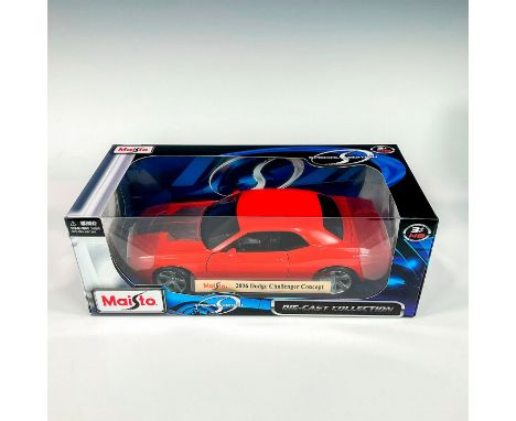 A factory sealed, replica die cast model Dodge Challenger in a red exterior. With moveable parts. This item has its original 