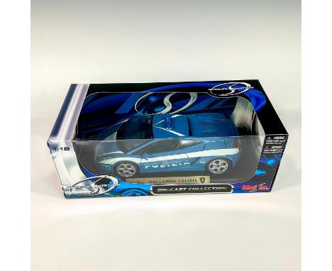 A factory sealed, replica die cast model Gallardo Polizia in a blue and white exterior. With moveable parts. This item has it