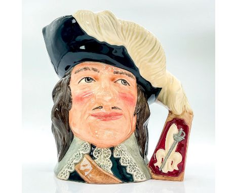Extension of the feathers with a fleur-de-lis and sword at base handle. Black hat trimmed with whiter feathers; white lace co
