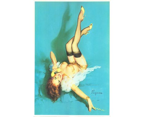 Vintage print of a pinup girl on the phone wearing thigh high stockings and sexy lingerie. Artist: Gil ElvgrenDimensions: 20"
