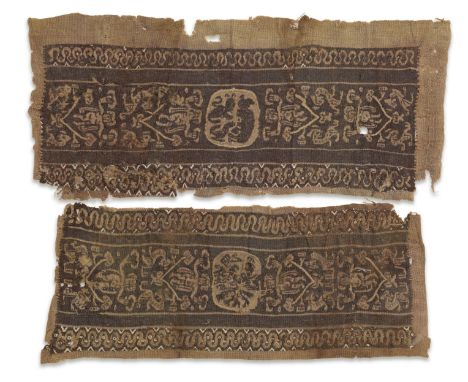  Six Coptic wool and linen fragments Circa 5th-8th Century A.D.A polychrome band woven with two ducks contained in medallions