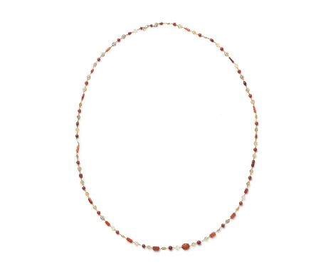  A carnelian beaded necklace Circa 1st B.C-2nd Century A.D. and laterIncluding six intaglios of tabloid form engraved with a: