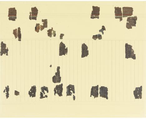  Fifteen frames containing fragments of ink inscribed papyri with remains of polychrome vignettes and hieroglyphic text from 