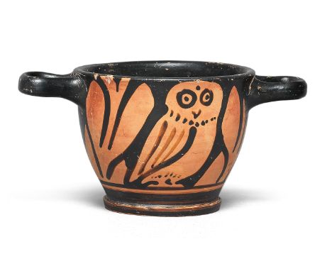  A Greek red-figure owl skyphos South Italy, circa 4th Century B.C.Decorated on both sides with an owl with large circle and 