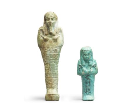  Two Egyptian faience shabtis Third Intermediate Period-26th Dynasty, circa 1070-550 B.C. A turquoise glazed mummiform shabti