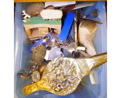 METALWARE. Box of mixed metalware items including silver plated flatware, brass etc