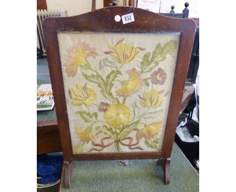 EMBROIDERED FIRESCREEN. Embroidered oak framed firescreen