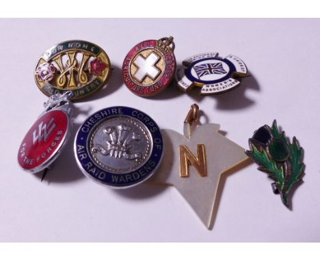 PIN BADGES. Seven mixed vintage pin badges including Cheshire Air Raid Wardens and Red Cross examples