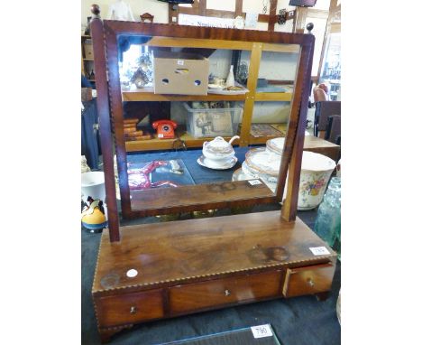 DRESSING TABLE MIRROR. Oak and inlaid dressing table mirror with three drawers to base