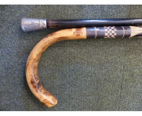 MIXED WALKING STICKS. White metal topped walking stick with inscription and makers marks plus one other modern example