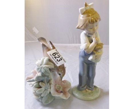 LLADRO & NAO. Lladro bird  and Nao figurine of a child, largest H ~ 18cm