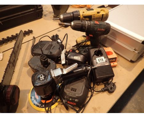 Assorted tools including Bosch Dewalt with batteries and chargers