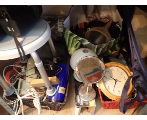 Mixed lot to include percussion massager clock lamp radio torches electric heater small selection of tools wood dyes 