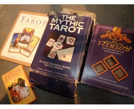 Tarot card set cards book and table cloths also set of runes stones book and bag 