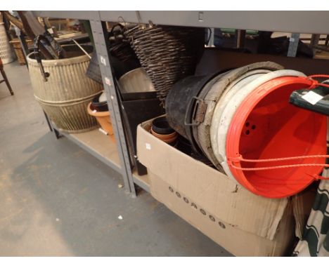 Selection of garden tools pots baskets and dolly tub